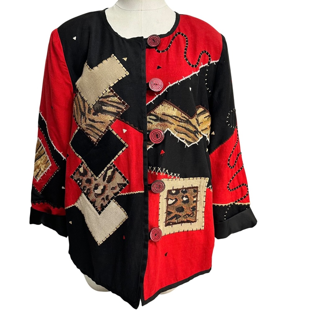 Patchwork Jacket Womens Medium Red Black Animal Print Art to Wear Indigo Moon